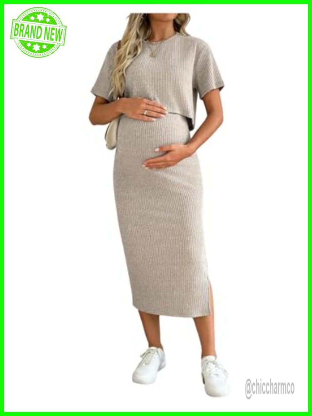 Maternity Ribbed 2 Piece Set Crop Top Bodycon Midi Skirt - Picture 1 of 4